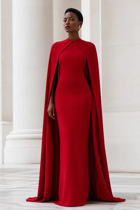 Minimal Red Cape Gown with a Long Train