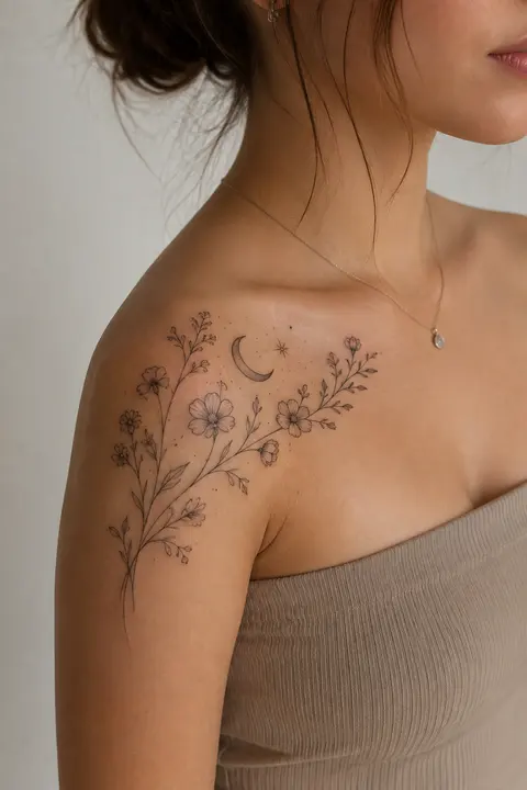 Fine Line Wildflower Shoulder Tattoo with Crescent Moon