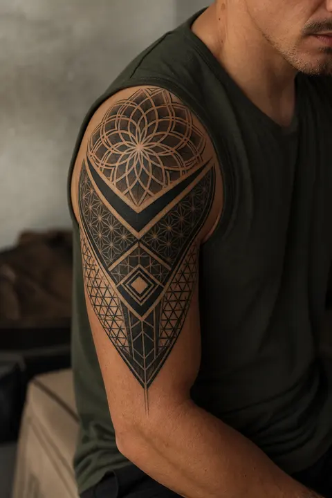 Upper Arm Blackwork Geometric Pattern Tattoo