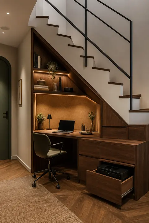 Built-In Home Office Beneath the Stairs