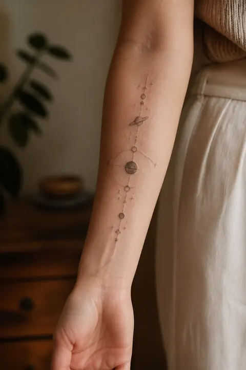 Delicate Celestial Orbit Tattoo on Inner Forearm