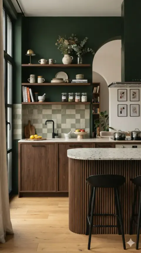Green Cabinetry & Terrazzo Island Kitchen