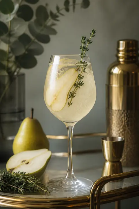 Pear and Thyme Fizz on a Minimal Home Bar Cart