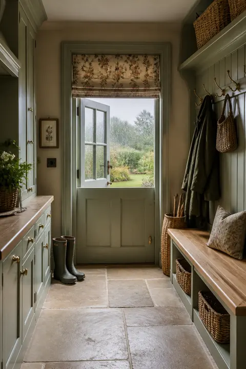 Sage English Country Mudroom with Boot Storage