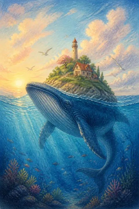 Whale Carrying a Miniature Island in Colored Pencil