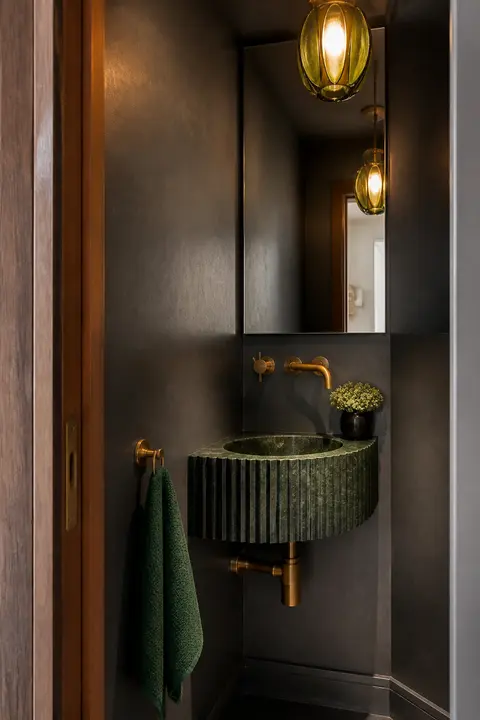 Tiny Powder Room with a Green Fluted Basin