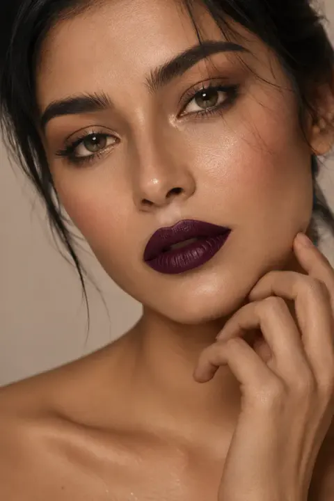 Deep Plum Lipstick with Soft Brown Eye Makeup
