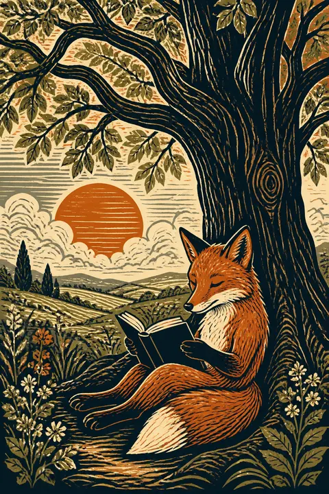 Linocut Print: Fox Reading beneath an Old Tree