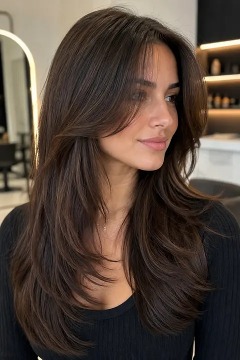 Soft Face-Framing Layers with Curtain Bangs