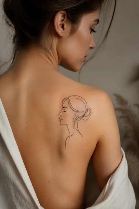 Minimal Single-line Profile Tattoo: Shoulder Blade Placement